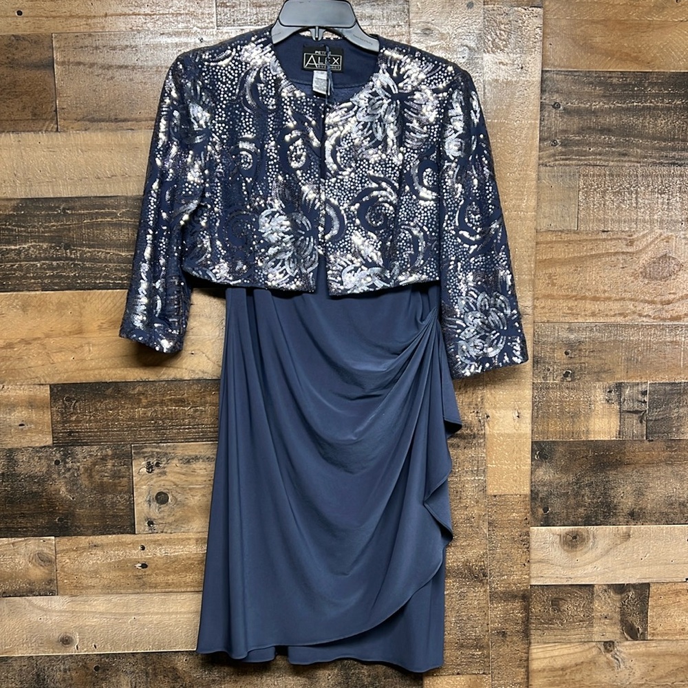 Alex Evenings Petites dress & jacket blue sparkle 2 piece gown formal party 8P